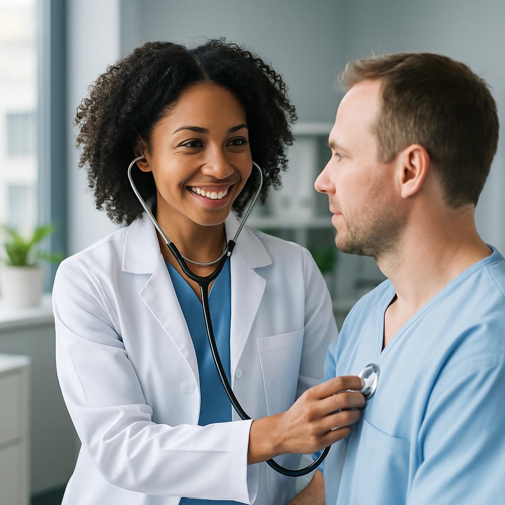 A female doctor in a white lab coat and blue scrubs smiling as she takes a patient's pulse with a stethoscope. The male pa...