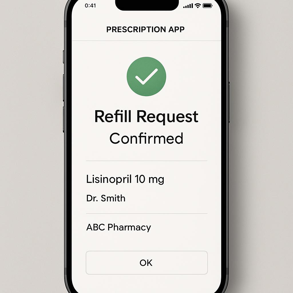 A smartphone image of a prescription app confirming a refill request with a "Lisinopril 10 mg" prescription.