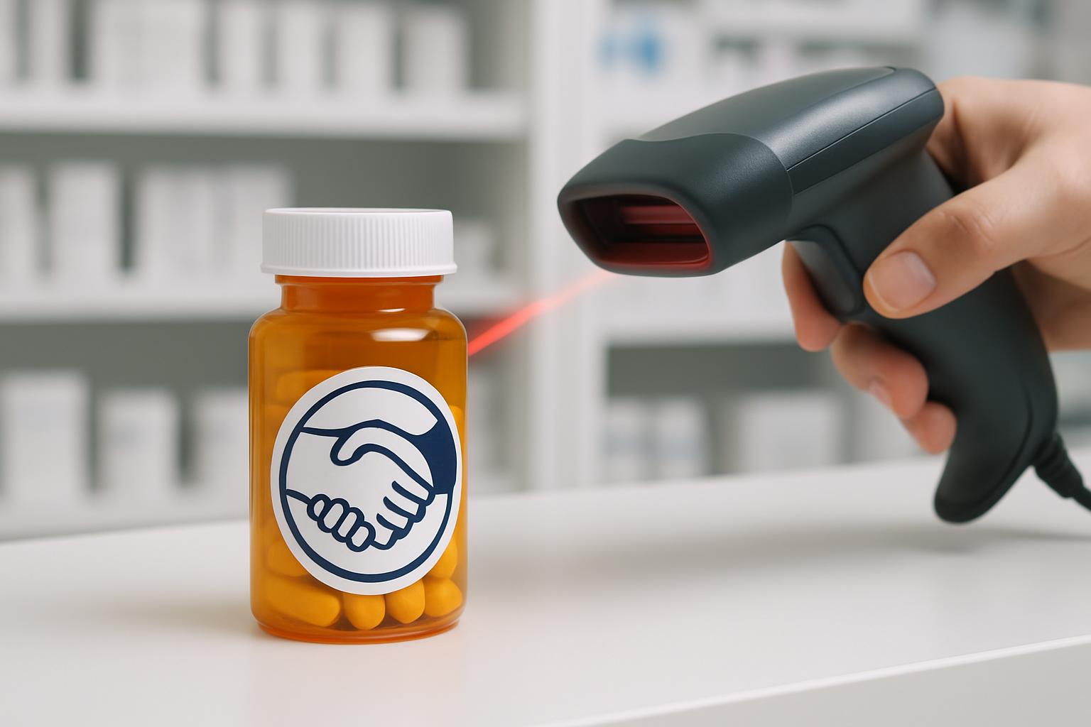 A hand holding a barcode scanner, with a bottle of pills on the counter.