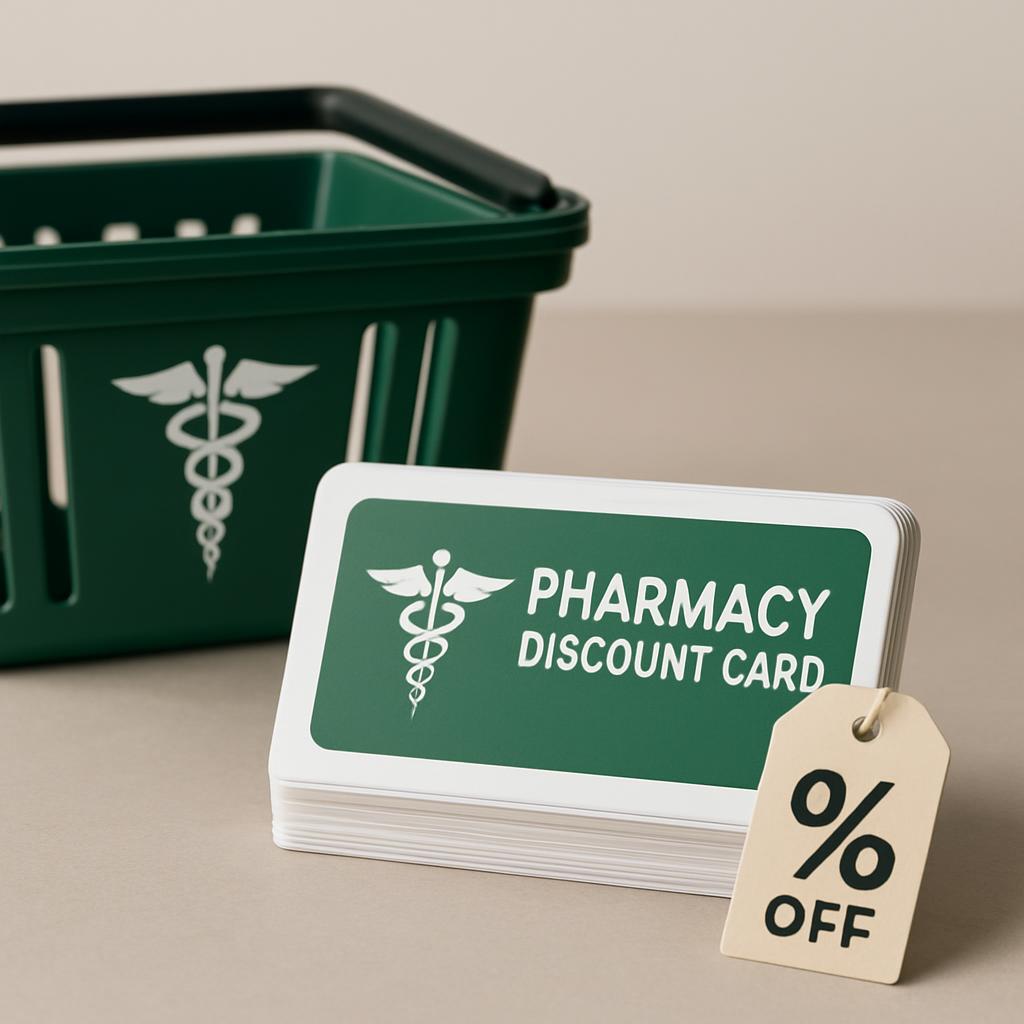 Creating an alt text for a picture of a pharmacy discount card and a shopping basket involves succinctly describing the vi...