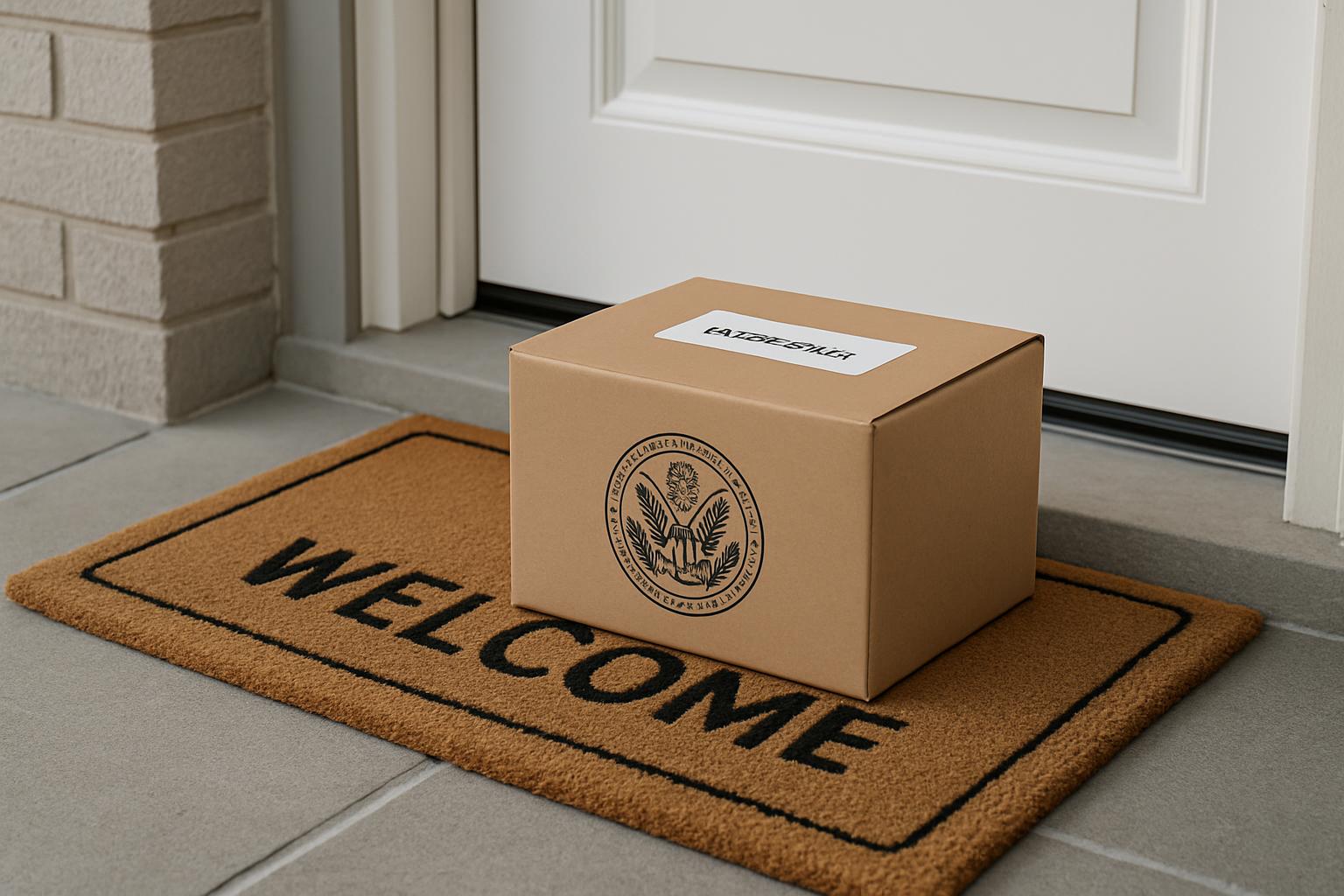A brown cardboard box with the Presidential Seal on the side sits on a tan welcome mat at the entrance of a house, awaitin...
